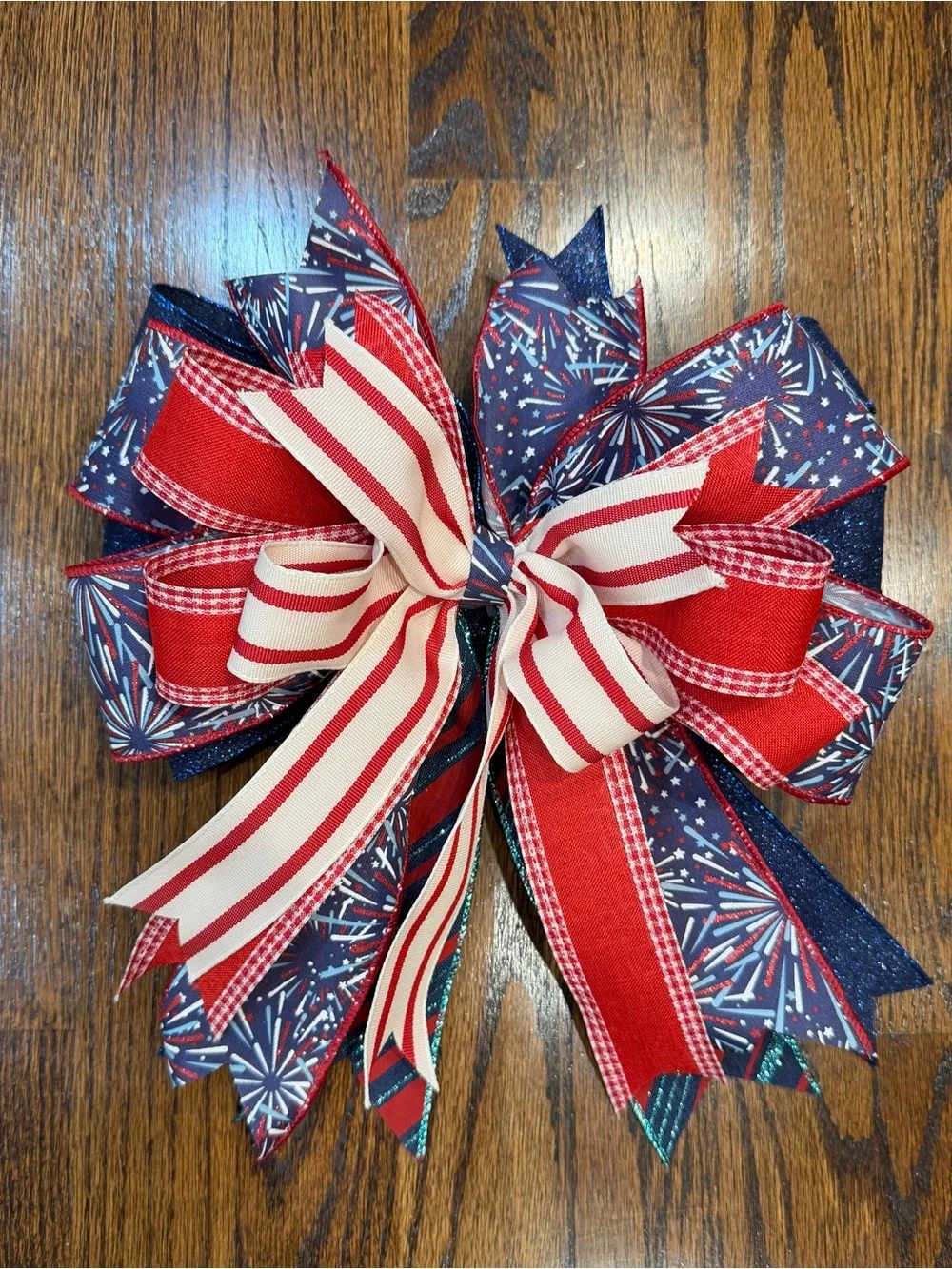 Patriotic Red, White & Blue Fireworks Wreath Bow